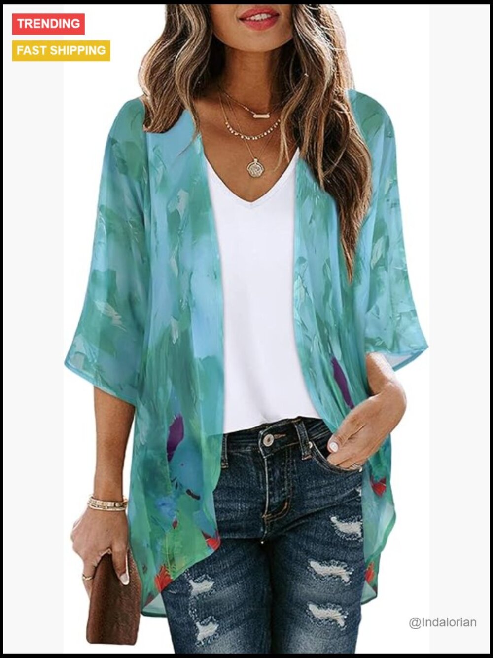 Floral Print Puff Sleeve Kimono Cardigan Cover Up 95% Polyester 5% Spandex